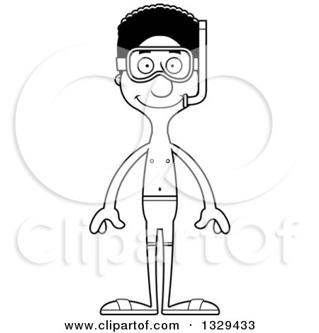 Lineart Clipart of a Cartoon Black and White Happy Tall Skinny Black Man in Snorkel Gear - Royalty Free Outline Vector Illustration by Cory Thoman