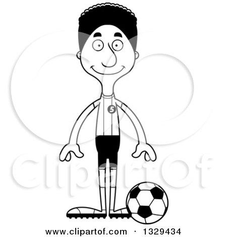 Lineart Clipart of a Cartoon Black and White Happy Tall Skinny Black Man Soccer Player - Royalty Free Outline Vector Illustration by Cory Thoman