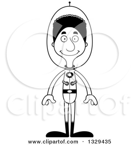 Lineart Clipart of a Cartoon Black and White Happy Tall Skinny Black Futuristic Space Man - Royalty Free Outline Vector Illustration by Cory Thoman