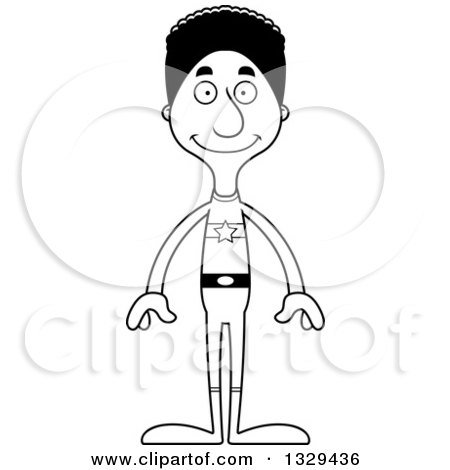 Lineart Clipart of a Cartoon Black and White Happy Tall Skinny Black Super Hero Man - Royalty Free Outline Vector Illustration by Cory Thoman