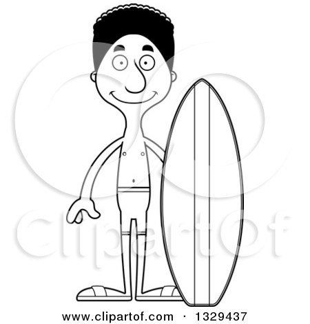 Lineart Clipart of a Cartoon Black and White Happy Tall Skinny Black Man Surfer - Royalty Free Outline Vector Illustration by Cory Thoman