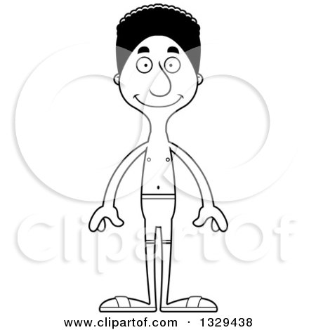 Lineart Clipart of a Cartoon Black and White Happy Tall Skinny Black Man Swimmer - Royalty Free Outline Vector Illustration by Cory Thoman
