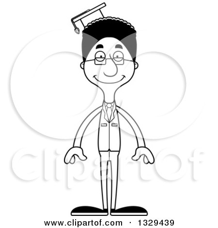Lineart Clipart of a Cartoon Black and White Happy Tall Skinny Black Man Professor - Royalty Free Outline Vector Illustration by Cory Thoman