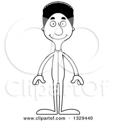 Lineart Clipart of a Cartoon Black and White Happy Tall Skinny Black Man in Footie Pajamas - Royalty Free Outline Vector Illustration by Cory Thoman