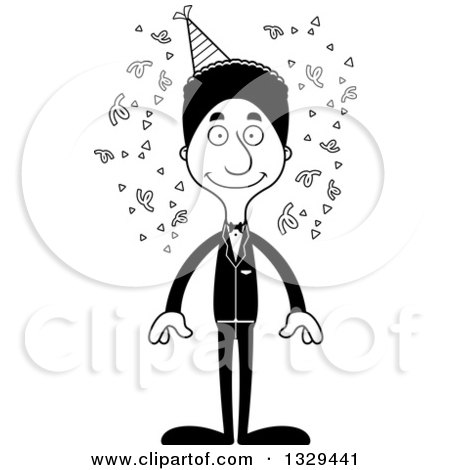 Lineart Clipart of a Cartoon Black and White Happy Tall Skinny Black Party Man - Royalty Free Outline Vector Illustration by Cory Thoman