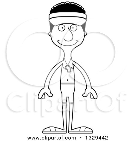 Lineart Clipart of a Cartoon Black and White Happy Tall Skinny Black Man Lifeguard - Royalty Free Outline Vector Illustration by Cory Thoman