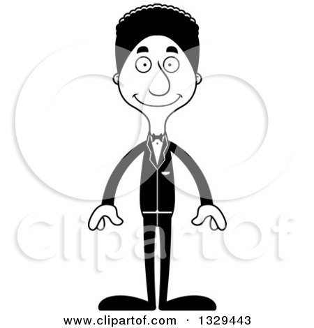 Lineart Clipart of a Cartoon Black and White Happy Tall Skinny Black Man Groom - Royalty Free Outline Vector Illustration by Cory Thoman