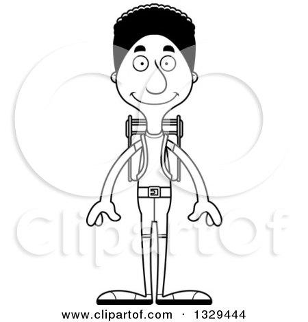 Lineart Clipart of a Cartoon Black and White Happy Tall Skinny Black Man Hiker - Royalty Free Outline Vector Illustration by Cory Thoman