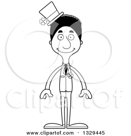 Lineart Clipart of a Cartoon Black and White Happy Tall Skinny Black Irish St Patricks Day Man - Royalty Free Outline Vector Illustration by Cory Thoman