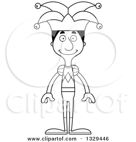 Lineart Clipart of a Cartoon Black and White Happy Tall Skinny Black Man Jester - Royalty Free Outline Vector Illustration by Cory Thoman