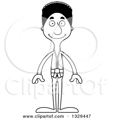 Lineart Clipart of a Cartoon Black and White Happy Tall Skinny Black Karate Man - Royalty Free Outline Vector Illustration by Cory Thoman