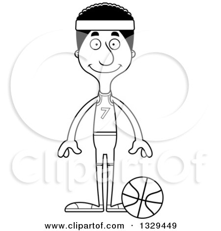 Lineart Clipart of a Cartoon Black and White Happy Tall Skinny Black Man Basketball Player - Royalty Free Outline Vector Illustration by Cory Thoman