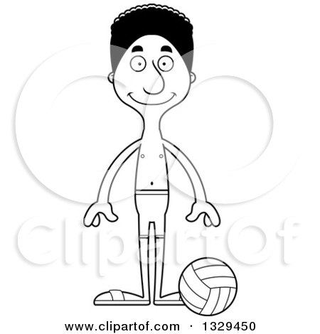 Lineart Clipart of a Cartoon Black and White Happy Tall Skinny Black Man Beach Volleyball Player - Royalty Free Outline Vector Illustration by Cory Thoman