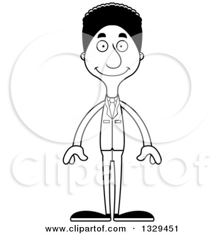 Lineart Clipart of a Cartoon Black and White Happy Tall Skinny Black Business Man - Royalty Free Outline Vector Illustration by Cory Thoman