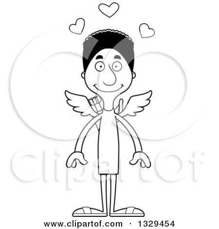 Lineart Clipart of a Cartoon Black and White Happy Tall Skinny Black Man Cupid - Royalty Free Outline Vector Illustration by Cory Thoman