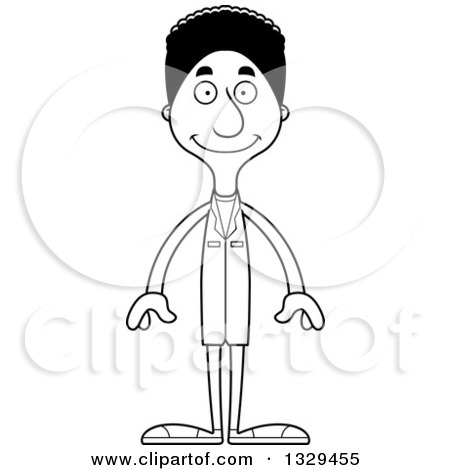 Lineart Clipart of a Cartoon Black and White Happy Tall Skinny Black Man Doctor - Royalty Free Outline Vector Illustration by Cory Thoman