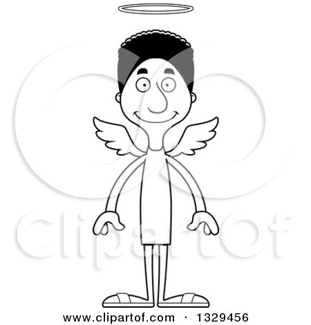 Lineart Clipart of a Cartoon Black and White Happy Tall Skinny Black Man Angel - Royalty Free Outline Vector Illustration by Cory Thoman