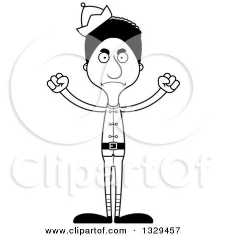 Lineart Clipart of a Cartoon Black and White Angry Tall Skinny Black Christmas Elf Man - Royalty Free Outline Vector Illustration by Cory Thoman