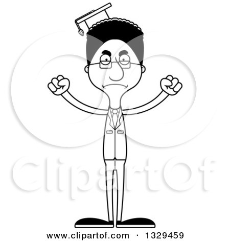 Lineart Clipart of a Cartoon Black and White Angry Tall Skinny Black Man Professor - Royalty Free Outline Vector Illustration by Cory Thoman
