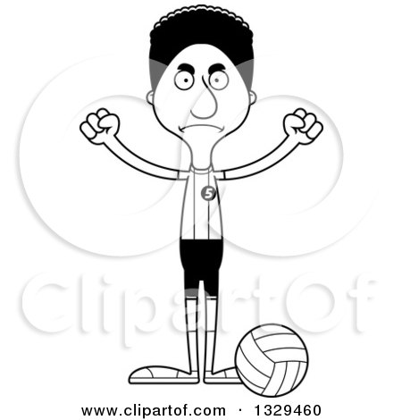 Lineart Clipart of a Cartoon Black and White Angry Tall Skinny Black Man Volleyball Player - Royalty Free Outline Vector Illustration by Cory Thoman