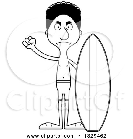 Lineart Clipart of a Cartoon Black and White Angry Tall Skinny Black Man Surfer - Royalty Free Outline Vector Illustration by Cory Thoman