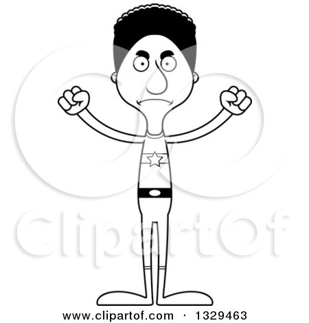 Lineart Clipart of a Cartoon Black and White Angry Tall Skinny Black Super Hero Man - Royalty Free Outline Vector Illustration by Cory Thoman