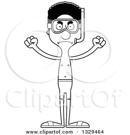 Lineart Clipart of a Cartoon Black and White Angry Tall Skinny Black Man in Snorkel Gear - Royalty Free Outline Vector Illustration by Cory Thoman