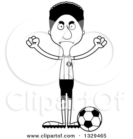 Lineart Clipart of a Cartoon Black and White Angry Tall Skinny Black Man Soccer Player - Royalty Free Outline Vector Illustration by Cory Thoman