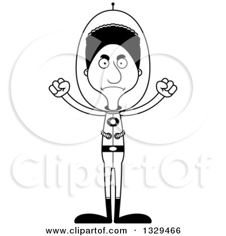 Lineart Clipart of a Cartoon Black and White Angry Tall Skinny Black Futuristic Space Man - Royalty Free Outline Vector Illustration by Cory Thoman