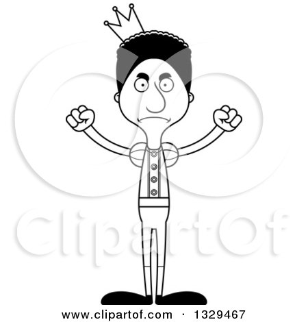 Lineart Clipart of a Cartoon Black and White Angry Tall Skinny Black Man Prince - Royalty Free Outline Vector Illustration by Cory Thoman