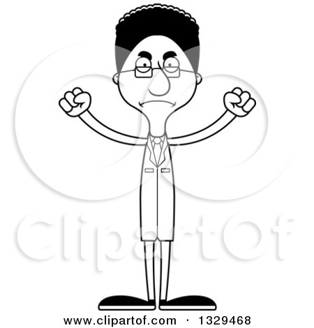 Lineart Clipart of a Cartoon Black and White Angry Tall Skinny Black Man Scientist - Royalty Free Outline Vector Illustration by Cory Thoman