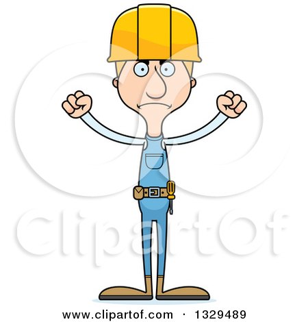 Clipart of a Cartoon Angry Tall Skinny White Construction Worker Man - Royalty Free Vector Illustration by Cory Thoman