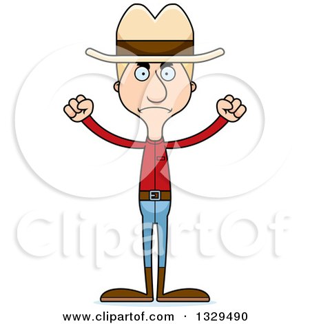 Clipart of a Cartoon Angry Tall Skinny White Man Cowoby - Royalty Free Vector Illustration by Cory Thoman