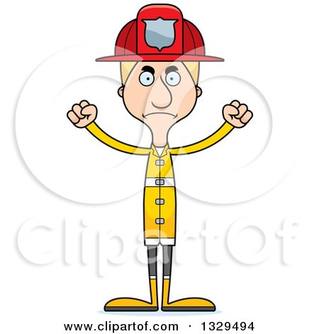 Clipart of a Cartoon Angry Tall Skinny White Man Firefighter - Royalty Free Vector Illustration by Cory Thoman