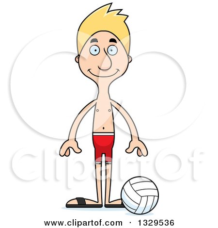 Clipart of a Cartoon Happy Tall Skinny White Man Beach Volleyball Player - Royalty Free Vector Illustration by Cory Thoman