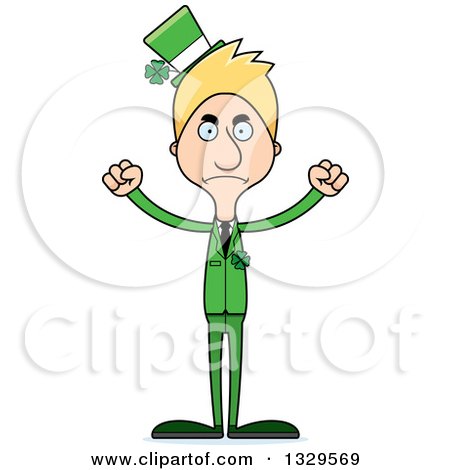 Clipart of a Cartoon Angry Tall Skinny White Irish St Patricks Day Man - Royalty Free Vector Illustration by Cory Thoman