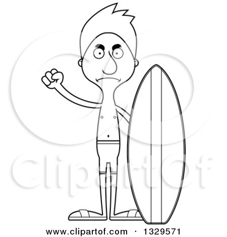 Lineart Clipart of a Cartoon Black and White Angry Tall Skinny White Surfer Man - Royalty Free Outline Vector Illustration by Cory Thoman