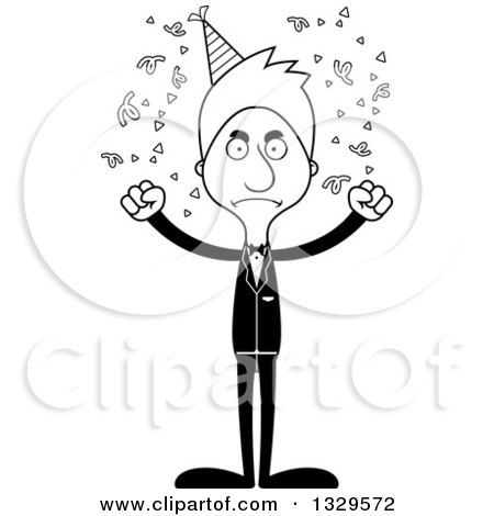Lineart Clipart of a Cartoon Black and White Angry Tall Skinny White Party Man - Royalty Free Outline Vector Illustration by Cory Thoman