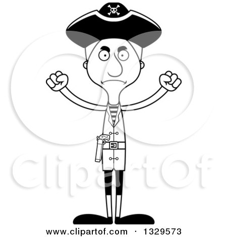 Lineart Clipart of a Cartoon Black and White Angry Tall Skinny White Pirate Man - Royalty Free Outline Vector Illustration by Cory Thoman