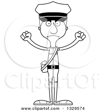 Lineart Clipart of a Cartoon Black and White Angry Tall Skinny White Mail Man - Royalty Free Outline Vector Illustration by Cory Thoman
