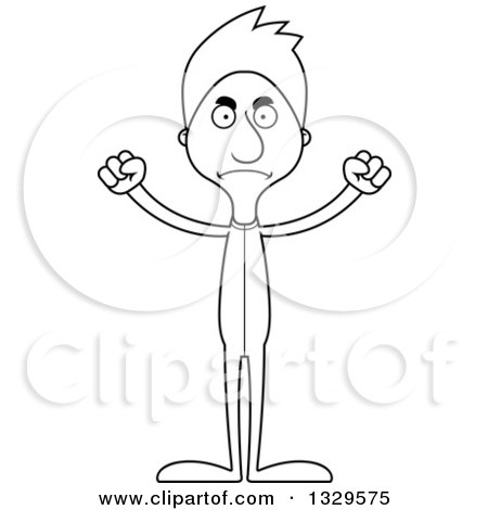 Lineart Clipart of a Cartoon Black and White Angry Tall Skinny White Man in Footie Pajamas - Royalty Free Outline Vector Illustration by Cory Thoman