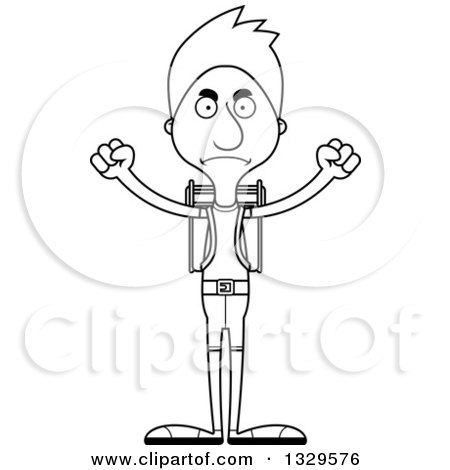 Lineart Clipart of a Cartoon Black and White Angry Tall Skinny White Man Hiker - Royalty Free Outline Vector Illustration by Cory Thoman