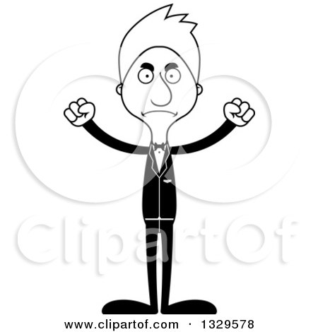 Lineart Clipart of a Cartoon Black and White Angry Tall Skinny White Man Wedding Groom - Royalty Free Outline Vector Illustration by Cory Thoman