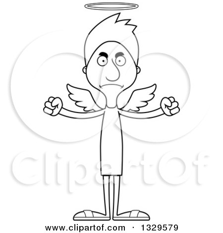 Lineart Clipart of a Cartoon Black and White Angry Tall Skinny White Angel Man - Royalty Free Outline Vector Illustration by Cory Thoman