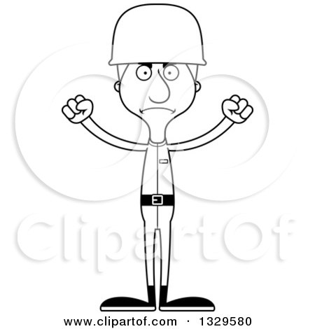 Lineart Clipart of a Cartoon Black and White Angry Tall Skinny White Man Army Soldier - Royalty Free Outline Vector Illustration by Cory Thoman