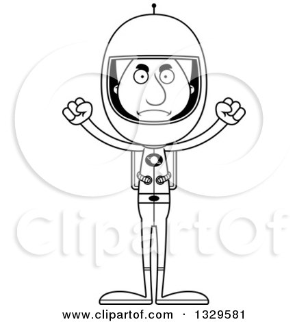 Lineart Clipart of a Cartoon Black and White Angry Tall Skinny White Astronaut Man - Royalty Free Outline Vector Illustration by Cory Thoman