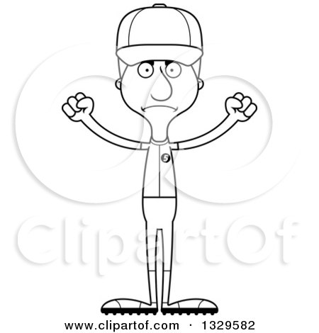 Lineart Clipart of a Cartoon Black and White Angry Tall Skinny White Man Baseball Player - Royalty Free Outline Vector Illustration by Cory Thoman