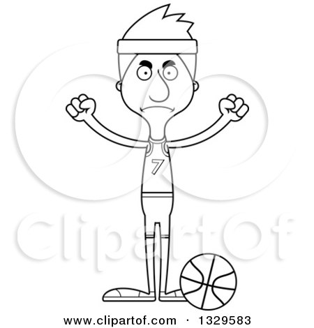 Lineart Clipart of a Cartoon Black and White Angry Tall Skinny White Man Basketball Player - Royalty Free Outline Vector Illustration by Cory Thoman