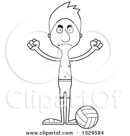 Lineart Clipart of a Cartoon Black and White Angry Tall Skinny White Man Beach Volleyball Player - Royalty Free Outline Vector Illustration by Cory Thoman