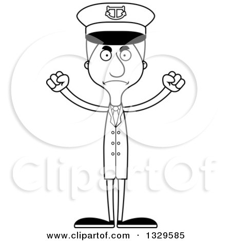Lineart Clipart of a Cartoon Black and White Angry Tall Skinny White Man Boat Captain - Royalty Free Outline Vector Illustration by Cory Thoman